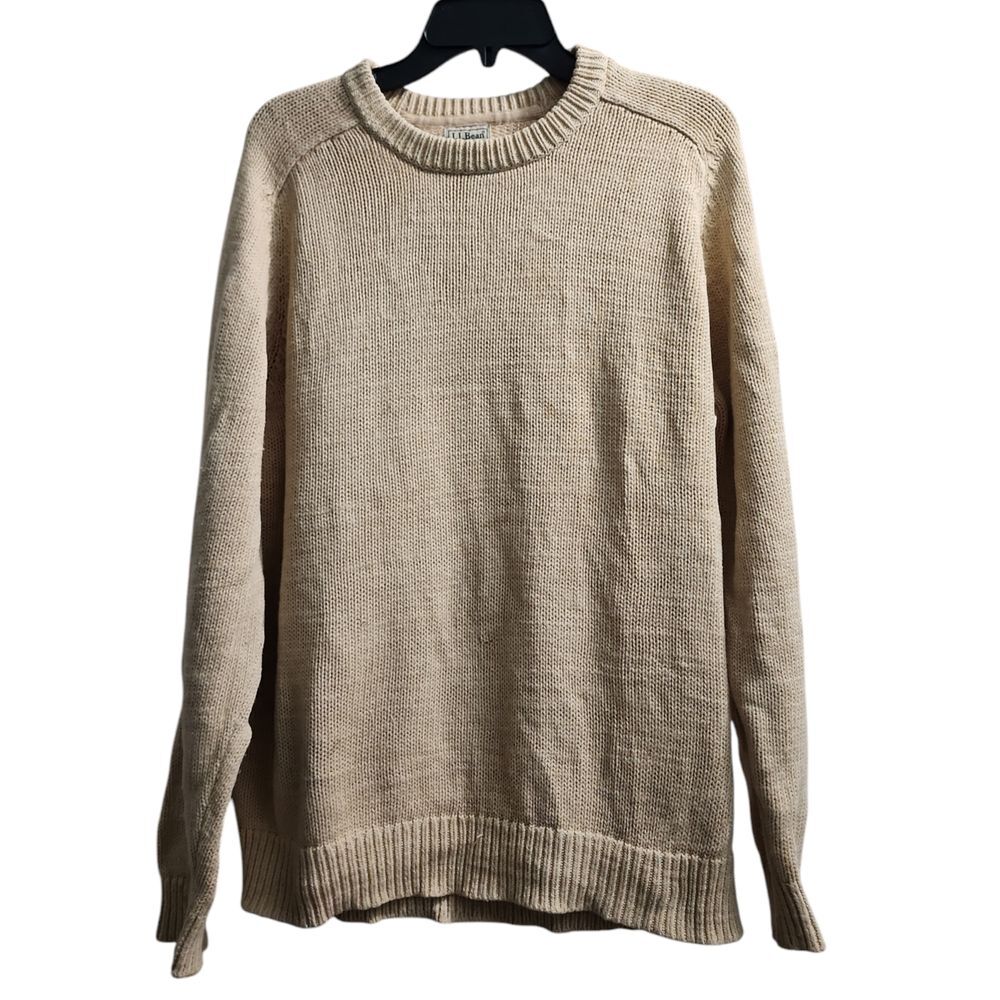 L.L.Bean Classic Cotton Crew Neck Sweater Beige Knit Pullover Casual